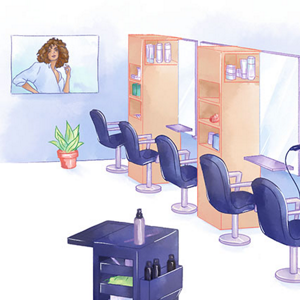 Woman with blond long hair and grey background